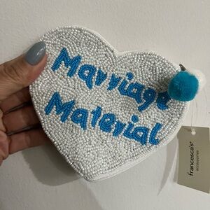 Francesca's White Beaded Heart Coin Purse with Blue Text and Pom